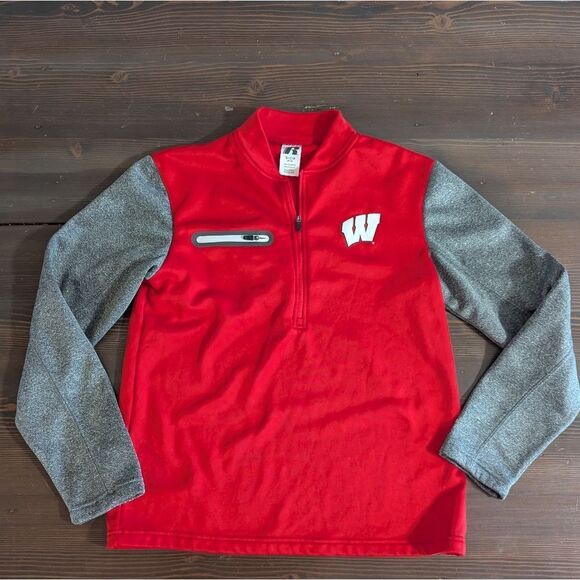 Men's Russell University of Wisconsin red and gray long sleeve quarter zip, sz S - Picture 1 of 4